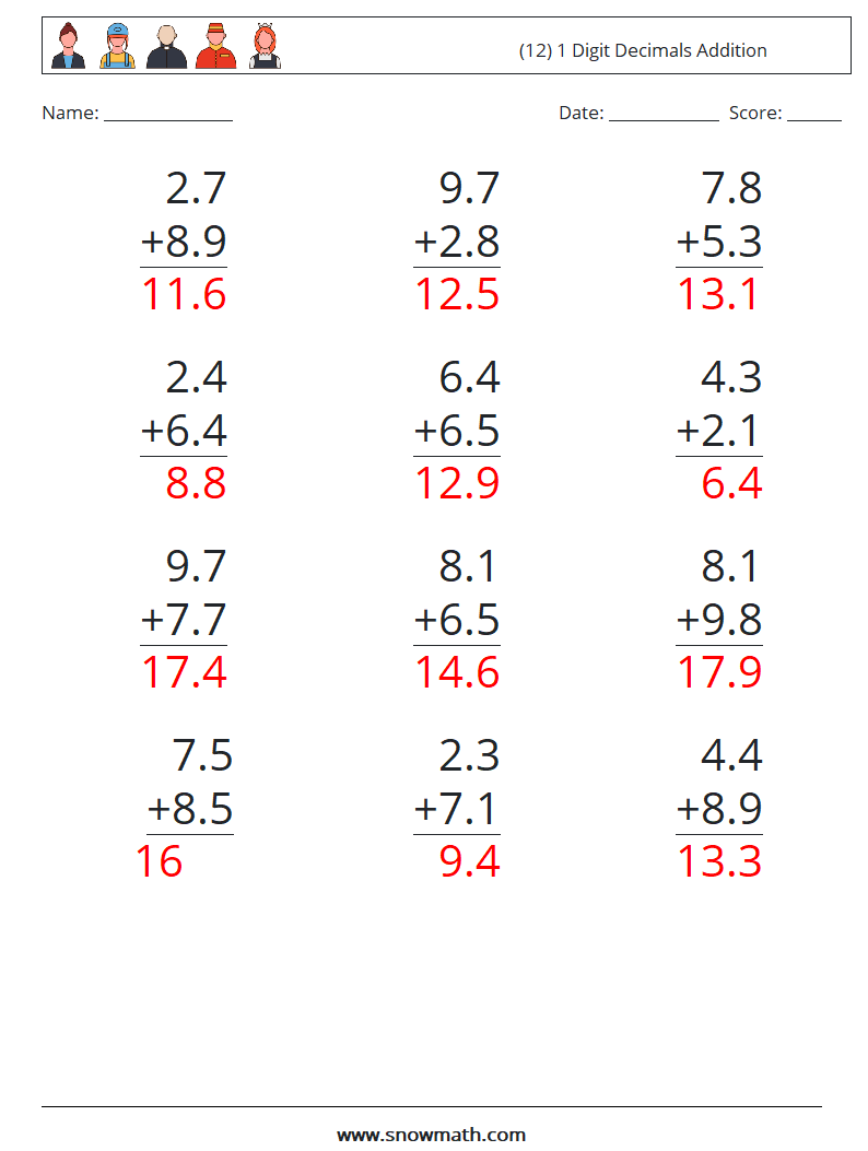 (12) 1 Digit Decimals Addition Math Worksheets 17 Question, Answer