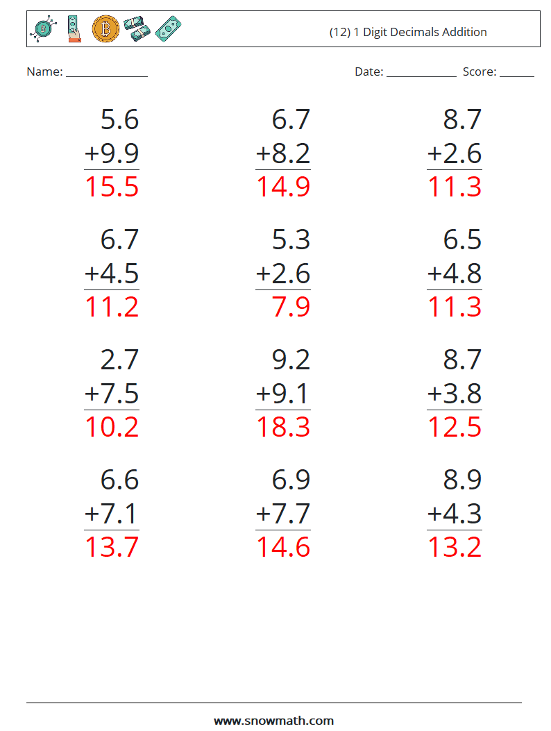 (12) 1 Digit Decimals Addition Math Worksheets 18 Question, Answer