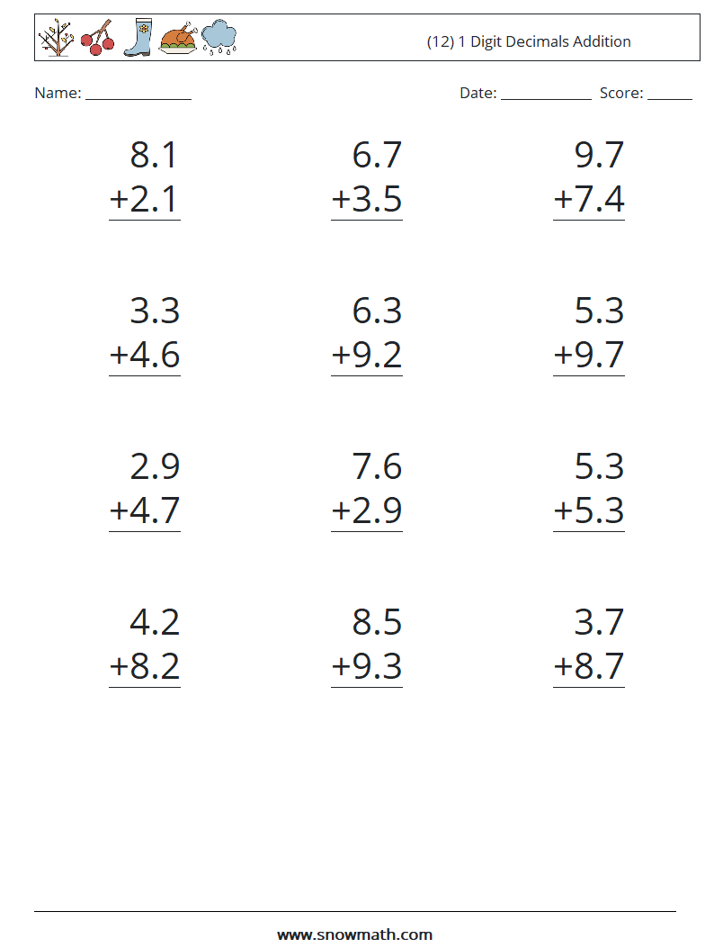 (12) 1 Digit Decimals Addition Math Worksheets 5