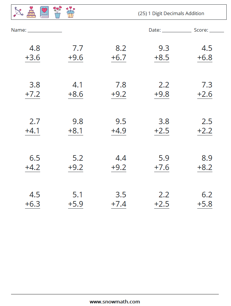 (25) 1 Digit Decimals Addition Math Worksheets 2