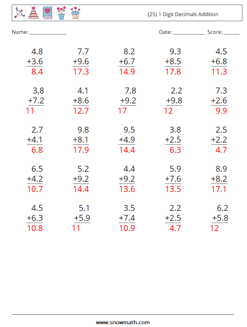 (25) 1 Digit Decimals Addition Math Worksheets 2 Question, Answer