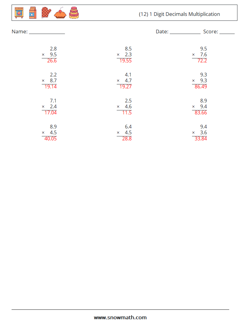 (12) 1 Digit Decimals Multiplication Math Worksheets 12 Question, Answer