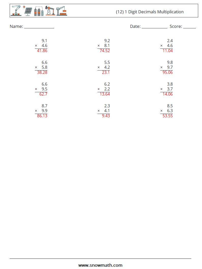 (12) 1 Digit Decimals Multiplication Math Worksheets 14 Question, Answer