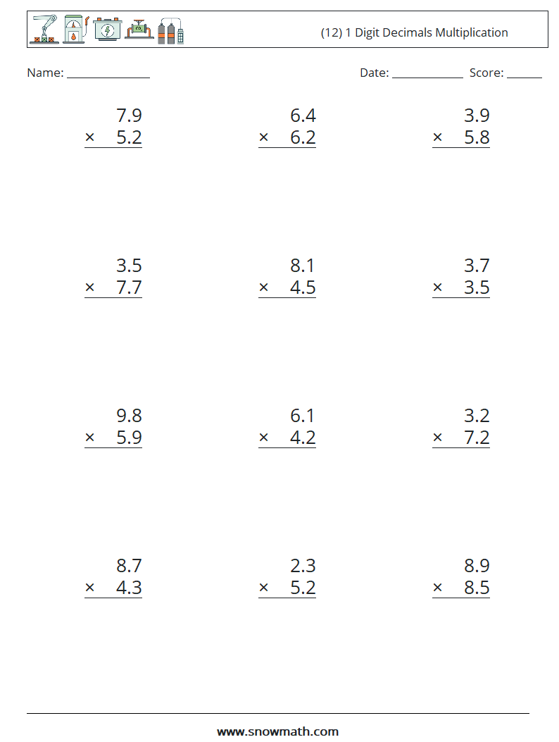 (12) 1 Digit Decimals Multiplication Math Worksheets 16