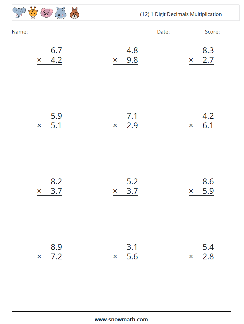 (12) 1 Digit Decimals Multiplication Math Worksheets 18