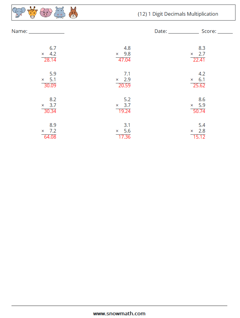 (12) 1 Digit Decimals Multiplication Math Worksheets 18 Question, Answer