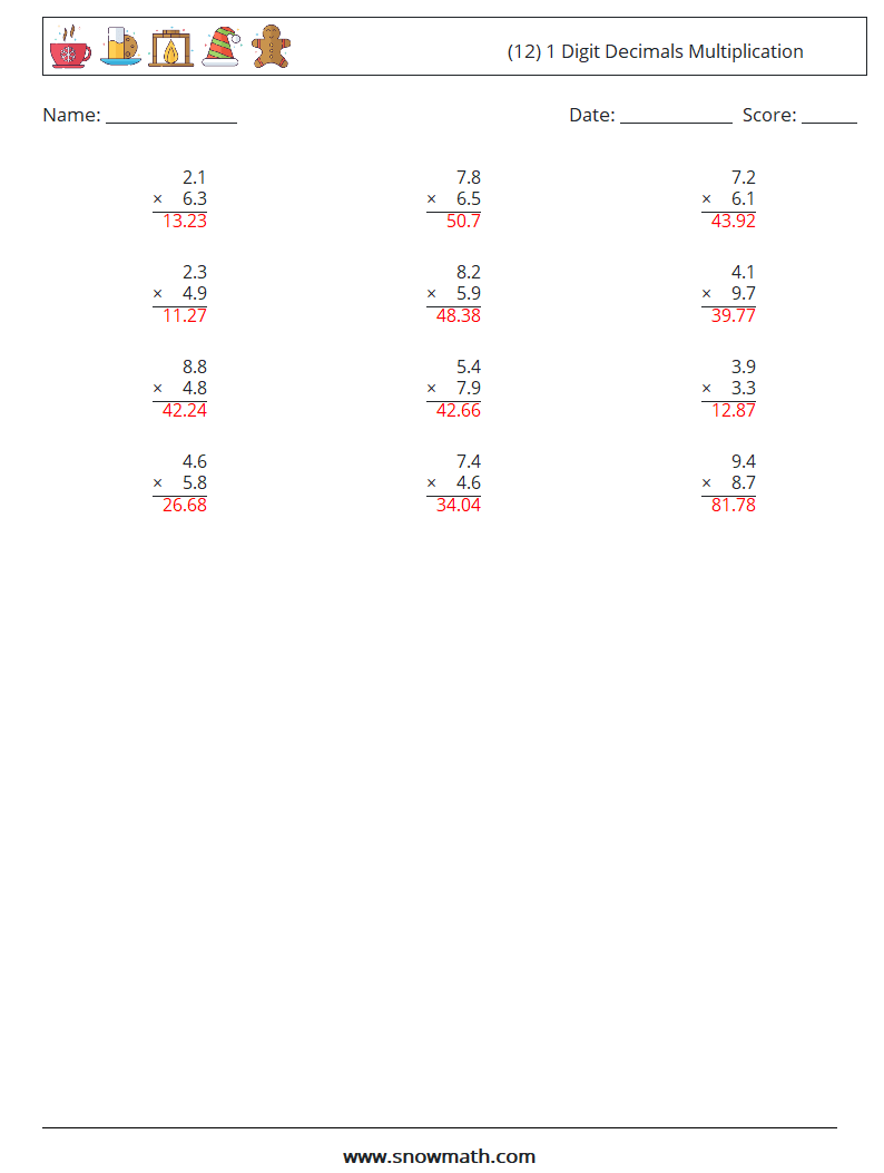 (12) 1 Digit Decimals Multiplication Math Worksheets 1 Question, Answer