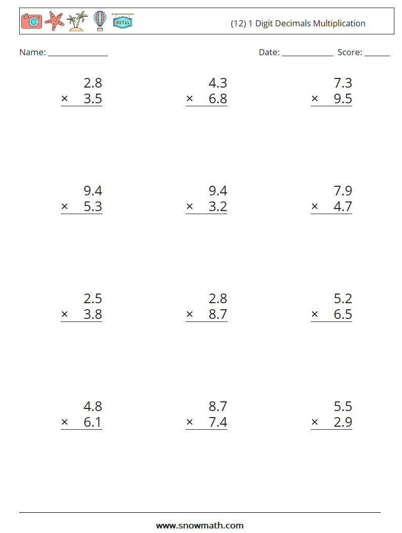 (12) 1 Digit Decimals Multiplication Math Worksheets 6