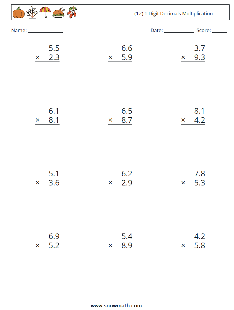 (12) 1 Digit Decimals Multiplication Math Worksheets 8