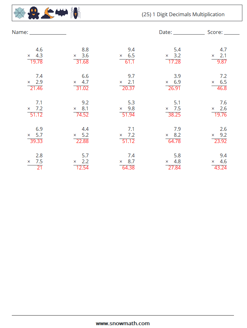 (25) 1 Digit Decimals Multiplication Math Worksheets 13 Question, Answer