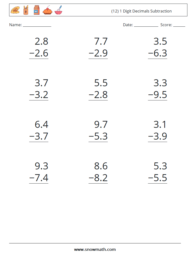 (12) 1 Digit Decimals Subtraction Math Worksheets 14