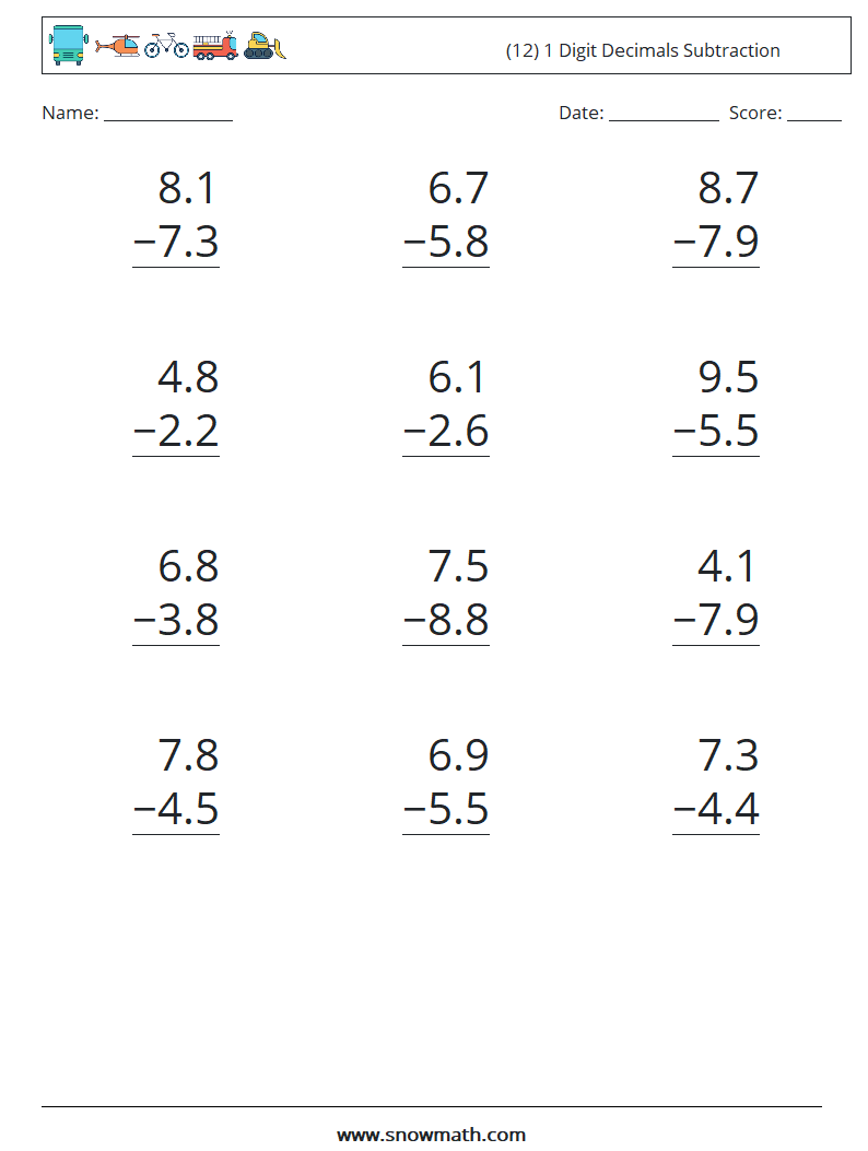 (12) 1 Digit Decimals Subtraction Math Worksheets 17