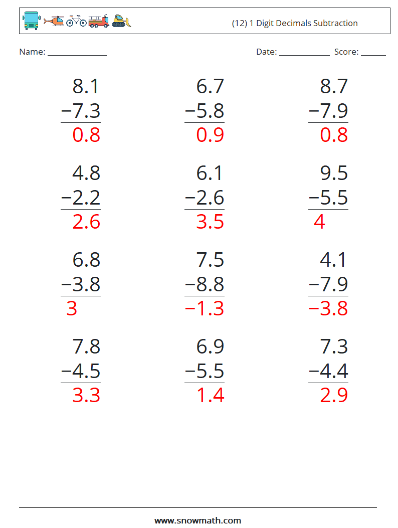 (12) 1 Digit Decimals Subtraction Math Worksheets 17 Question, Answer