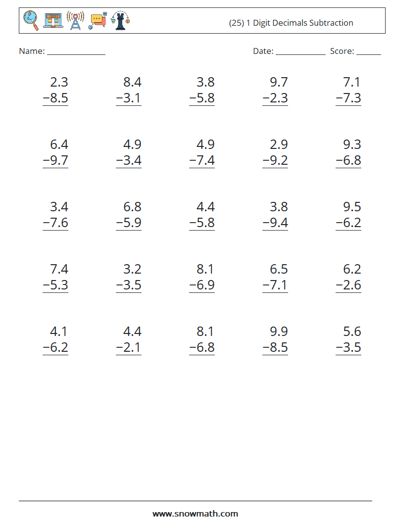 (25) 1 Digit Decimals Subtraction Math Worksheets 10