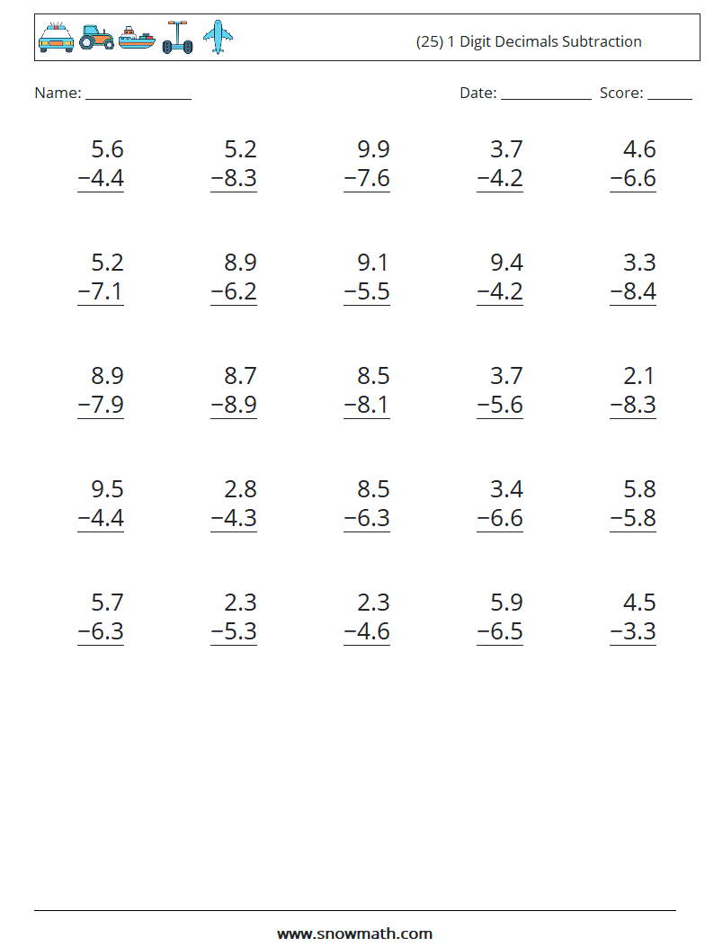 (25) 1 Digit Decimals Subtraction Math Worksheets 13