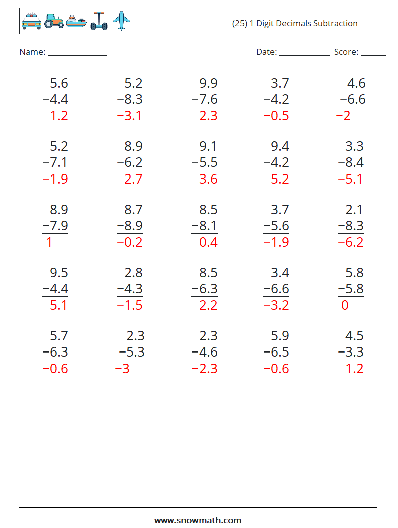 (25) 1 Digit Decimals Subtraction Math Worksheets 13 Question, Answer