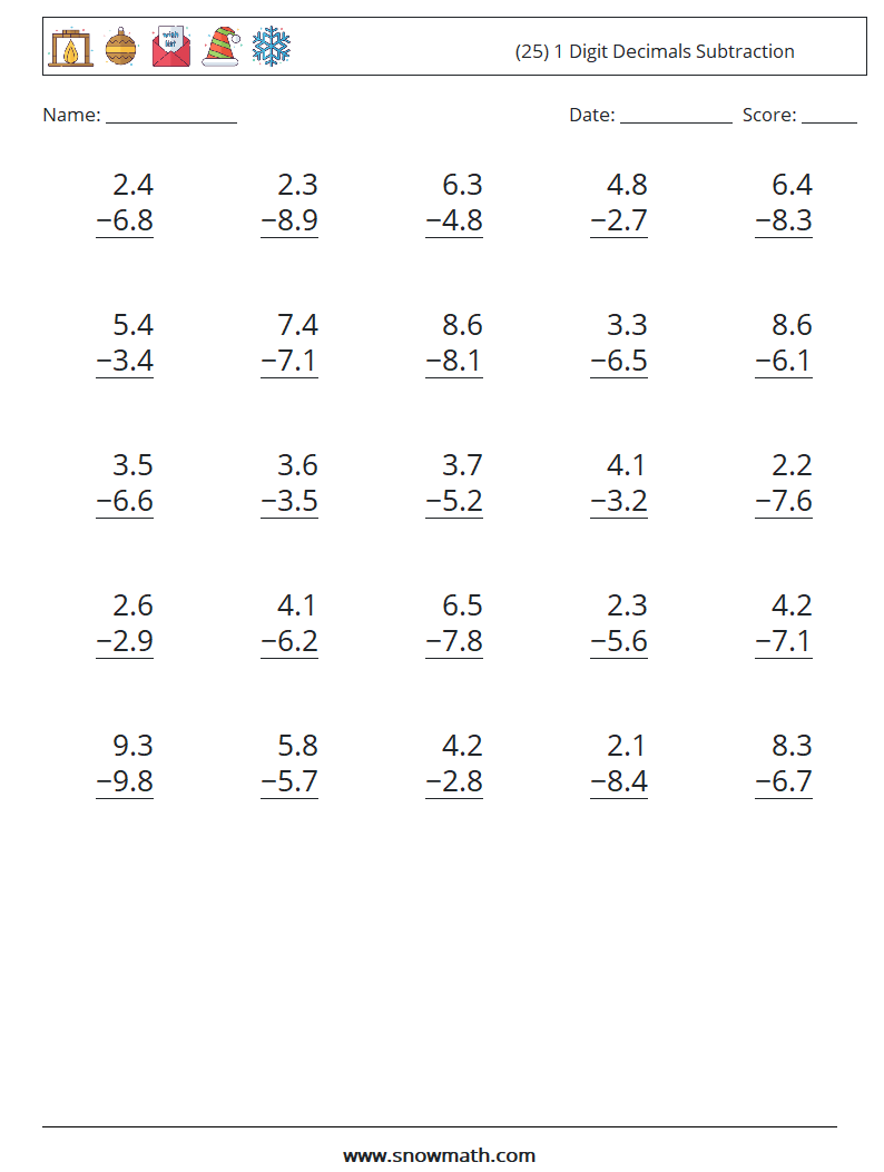 (25) 1 Digit Decimals Subtraction Math Worksheets 14