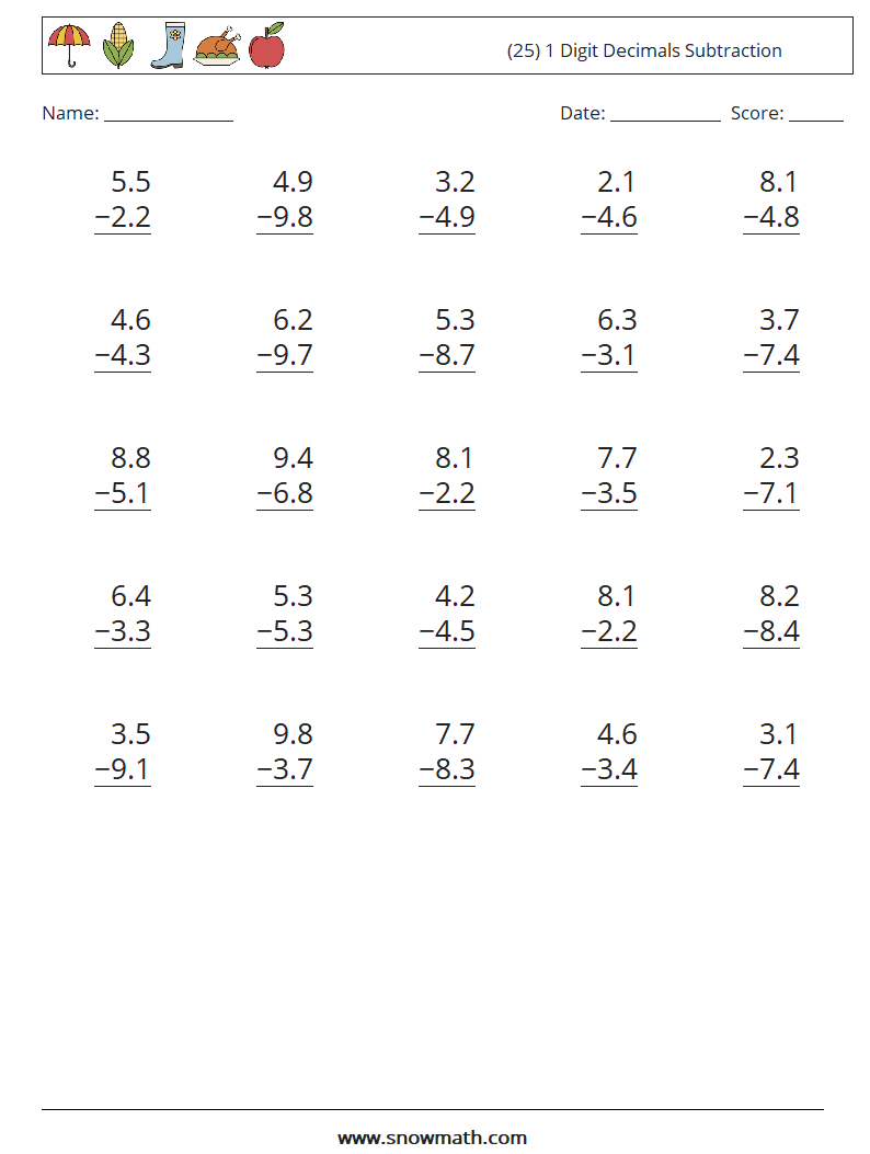 (25) 1 Digit Decimals Subtraction Math Worksheets 15