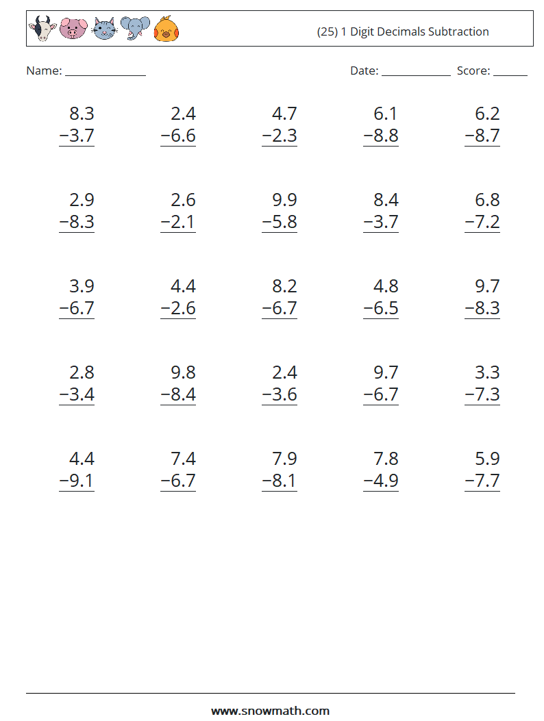 (25) 1 Digit Decimals Subtraction Math Worksheets 16