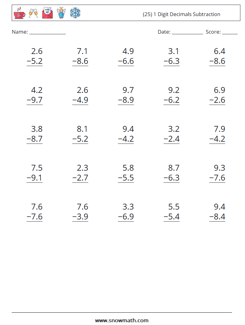 (25) 1 Digit Decimals Subtraction Math Worksheets 17