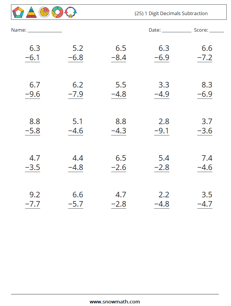 (25) 1 Digit Decimals Subtraction Math Worksheets 18