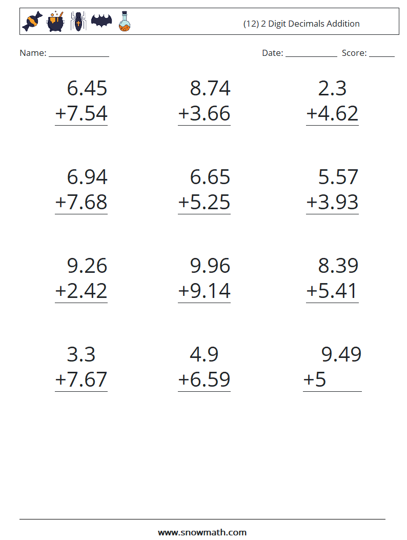 (12) 2 Digit Decimals Addition Math Worksheets 12