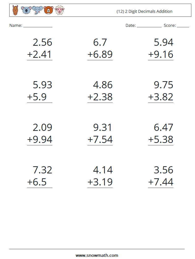 (12) 2 Digit Decimals Addition Math Worksheets 15