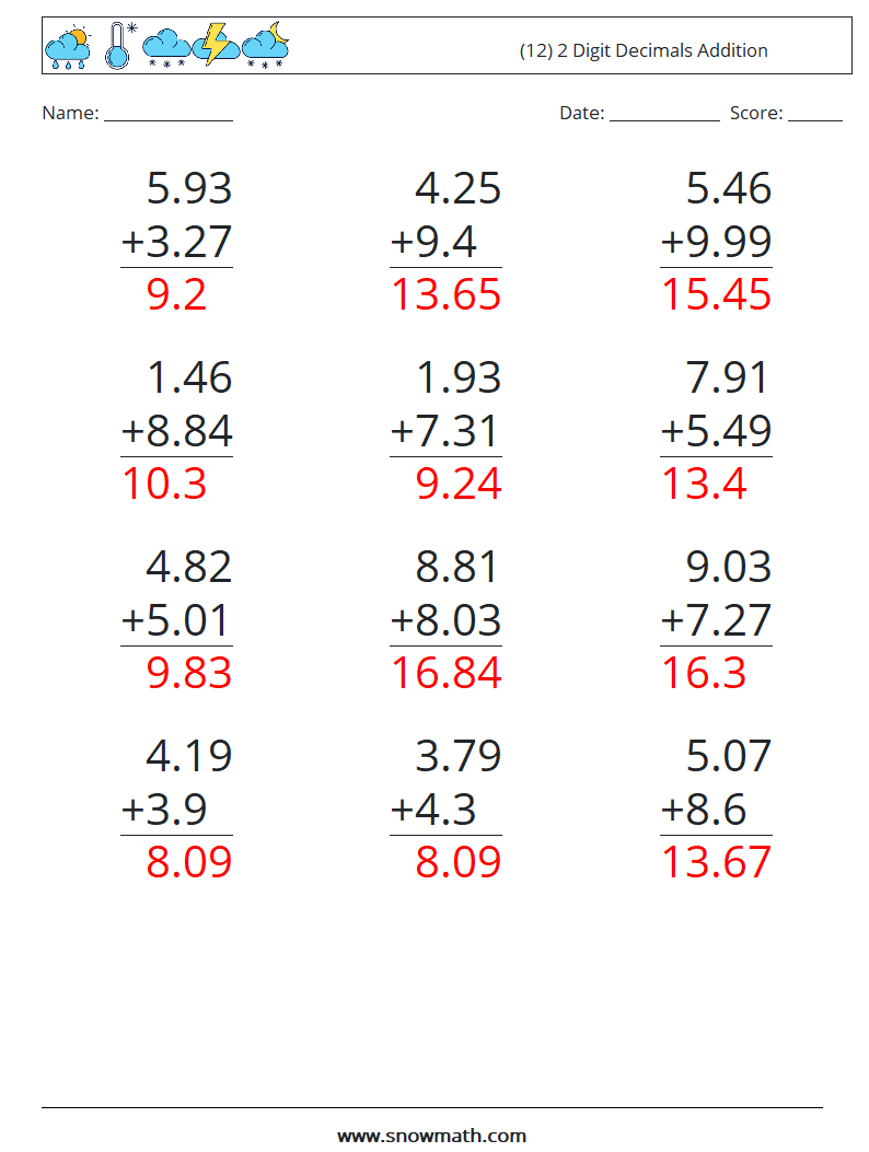 (12) 2 Digit Decimals Addition Math Worksheets 16 Question, Answer