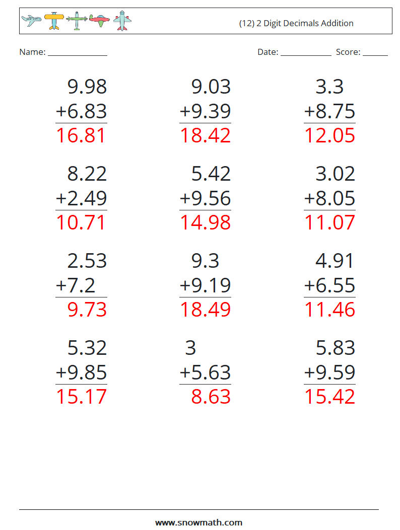 (12) 2 Digit Decimals Addition Math Worksheets 17 Question, Answer