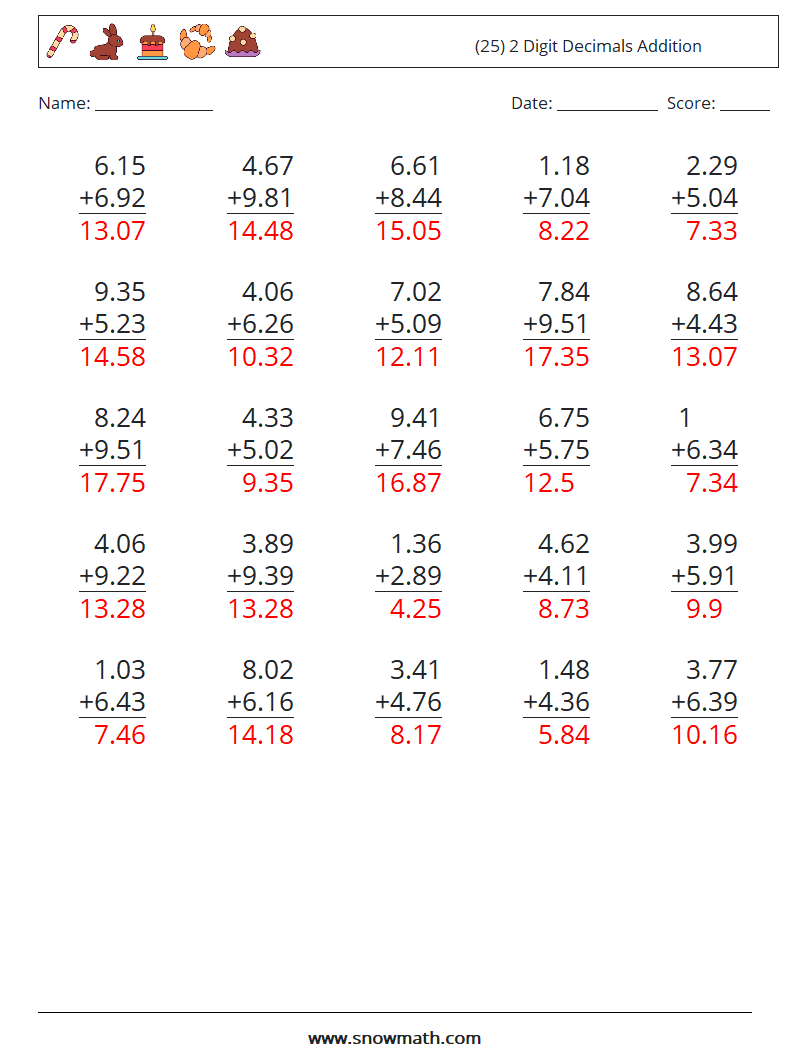 (25) 2 Digit Decimals Addition Math Worksheets 11 Question, Answer