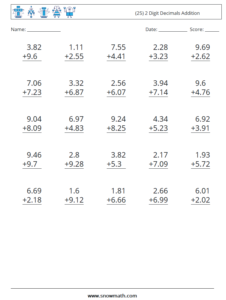 (25) 2 Digit Decimals Addition Math Worksheets 9