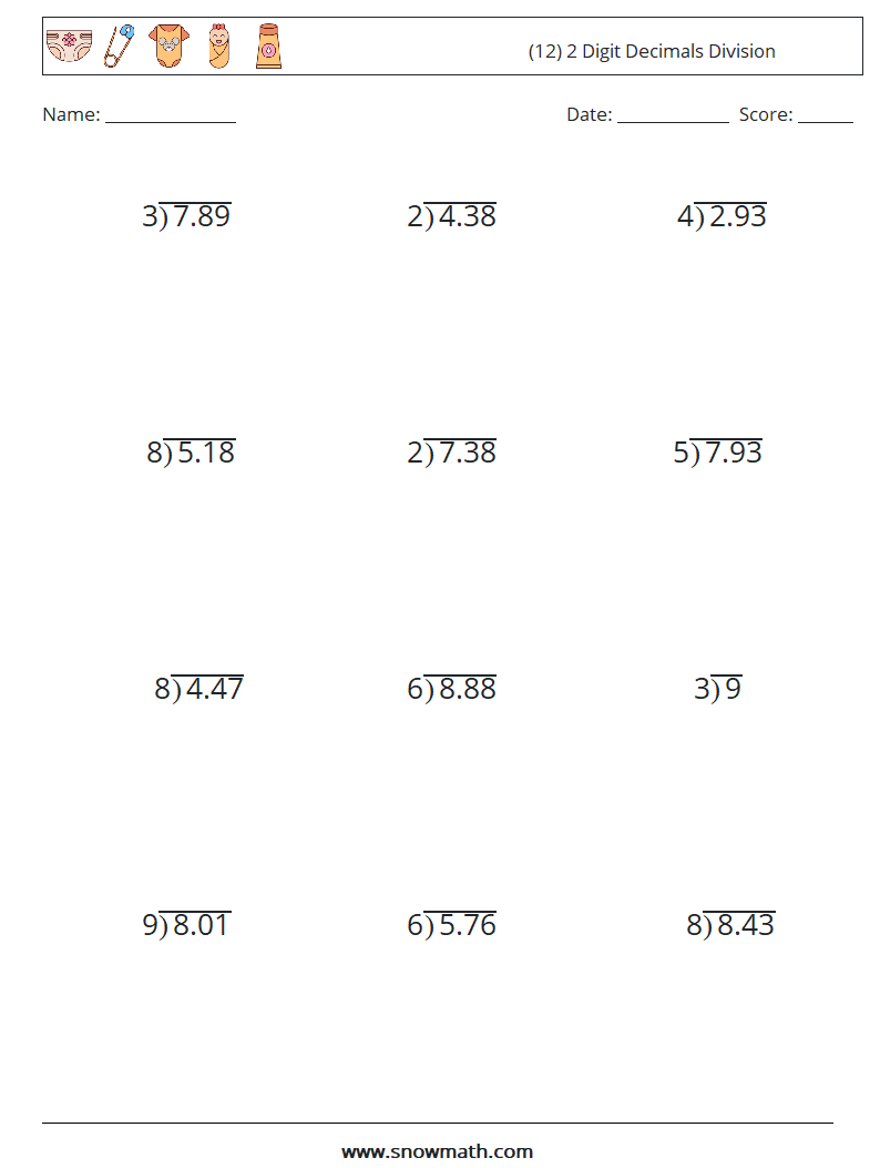 (12) 2 Digit Decimals Division Math Worksheets 10