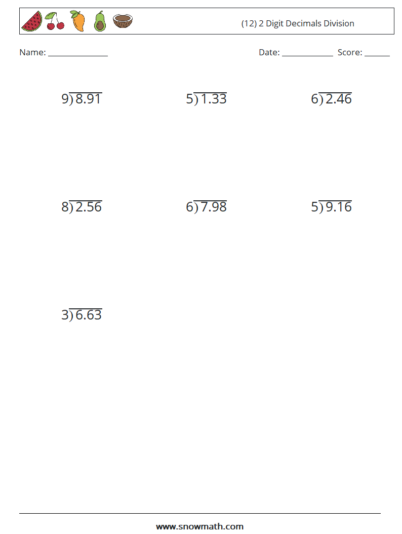 (12) 2 Digit Decimals Division Math Worksheets 15