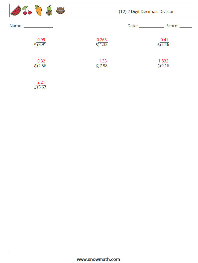 (12) 2 Digit Decimals Division Math Worksheets 15 Question, Answer