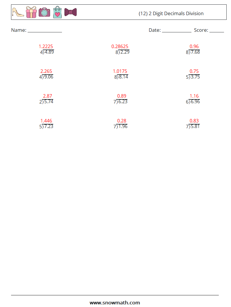 (12) 2 Digit Decimals Division Math Worksheets 16 Question, Answer