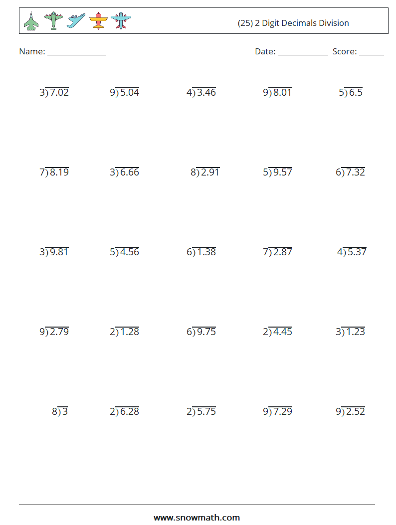 (25) 2 Digit Decimals Division Math Worksheets 12