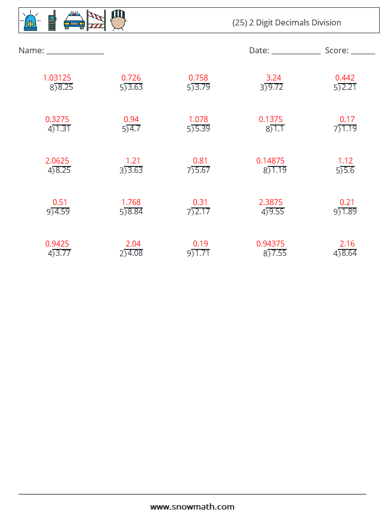 (25) 2 Digit Decimals Division Math Worksheets 14 Question, Answer