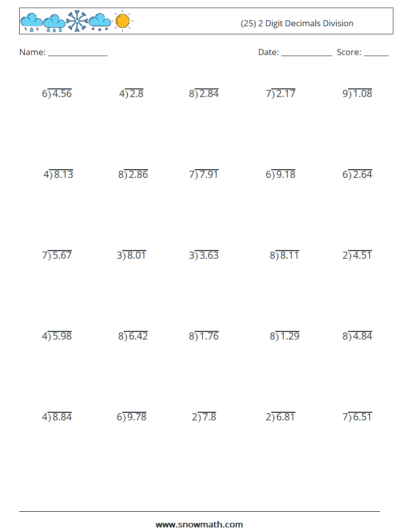 (25) 2 Digit Decimals Division Math Worksheets 18