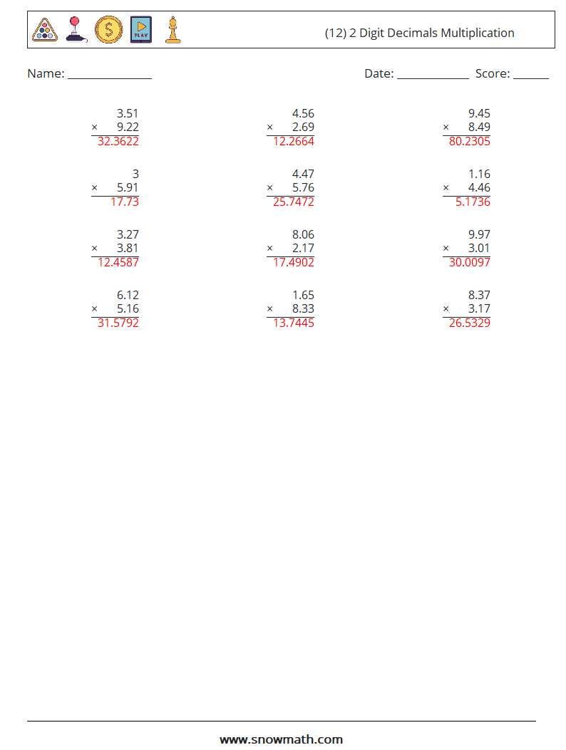 (12) 2 Digit Decimals Multiplication Math Worksheets 10 Question, Answer