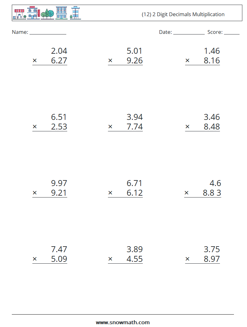 (12) 2 Digit Decimals Multiplication Math Worksheets 11