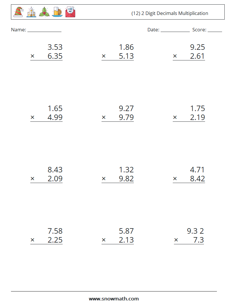 (12) 2 Digit Decimals Multiplication Math Worksheets 12