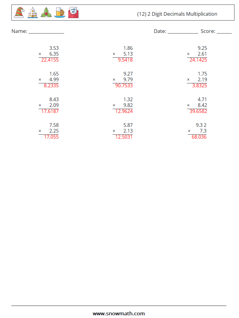 (12) 2 Digit Decimals Multiplication Math Worksheets 12 Question, Answer