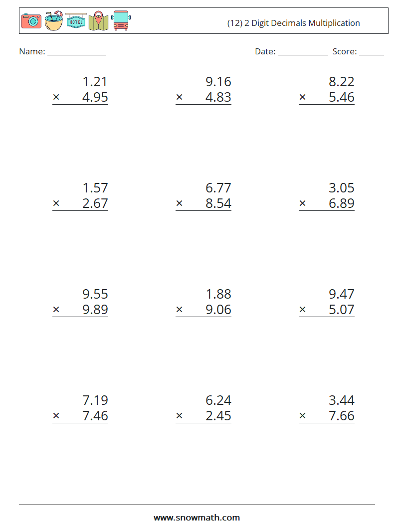 (12) 2 Digit Decimals Multiplication Math Worksheets 13