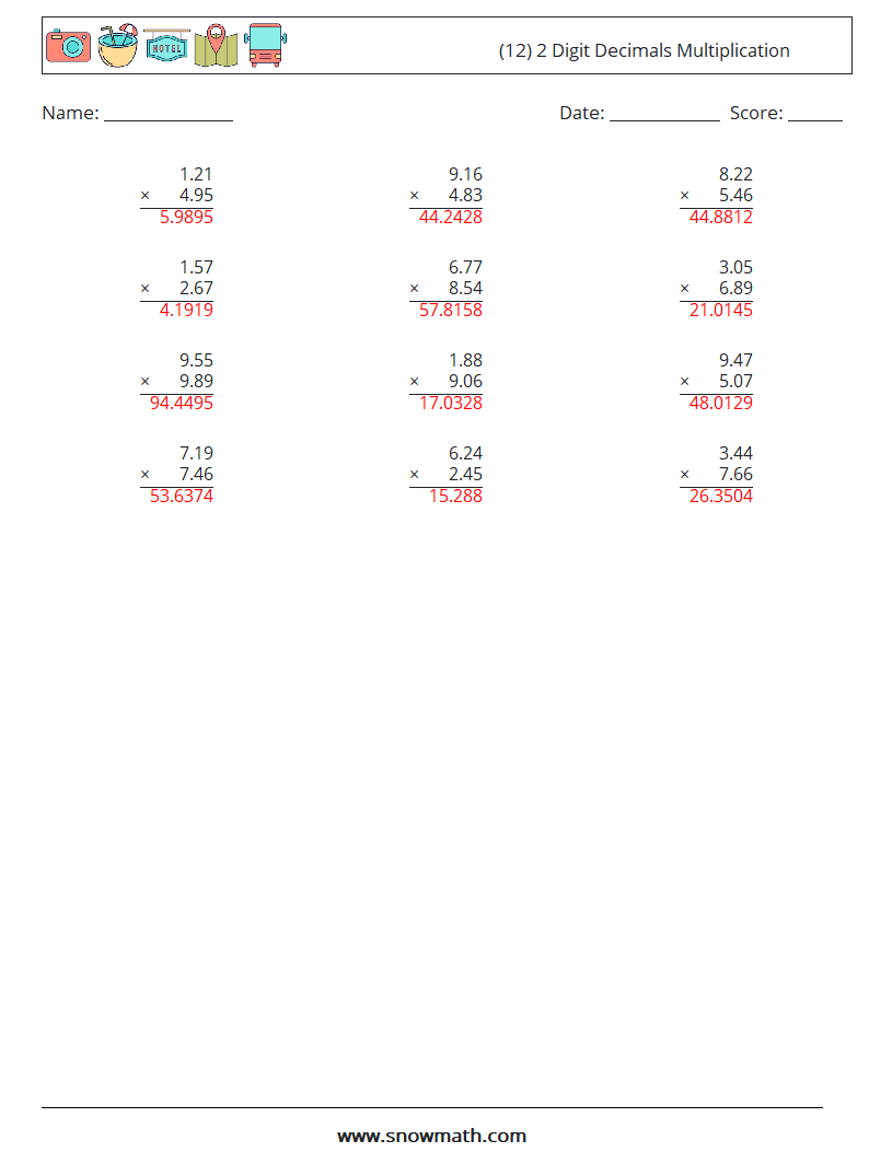 (12) 2 Digit Decimals Multiplication Math Worksheets 13 Question, Answer