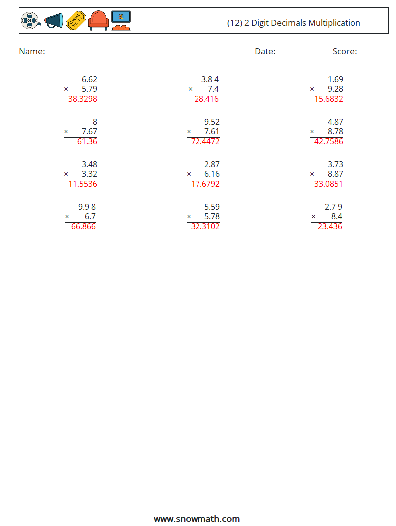 (12) 2 Digit Decimals Multiplication Math Worksheets 16 Question, Answer