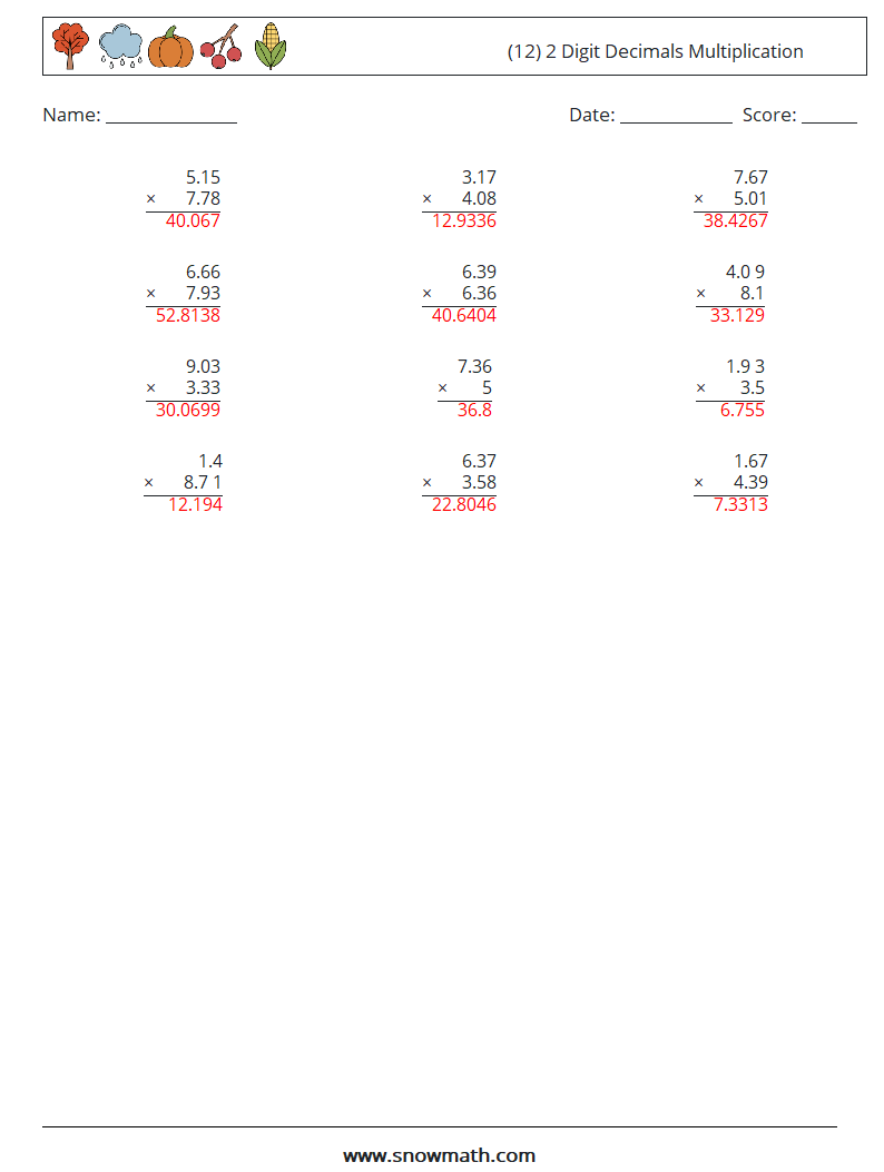 (12) 2 Digit Decimals Multiplication Math Worksheets 17 Question, Answer