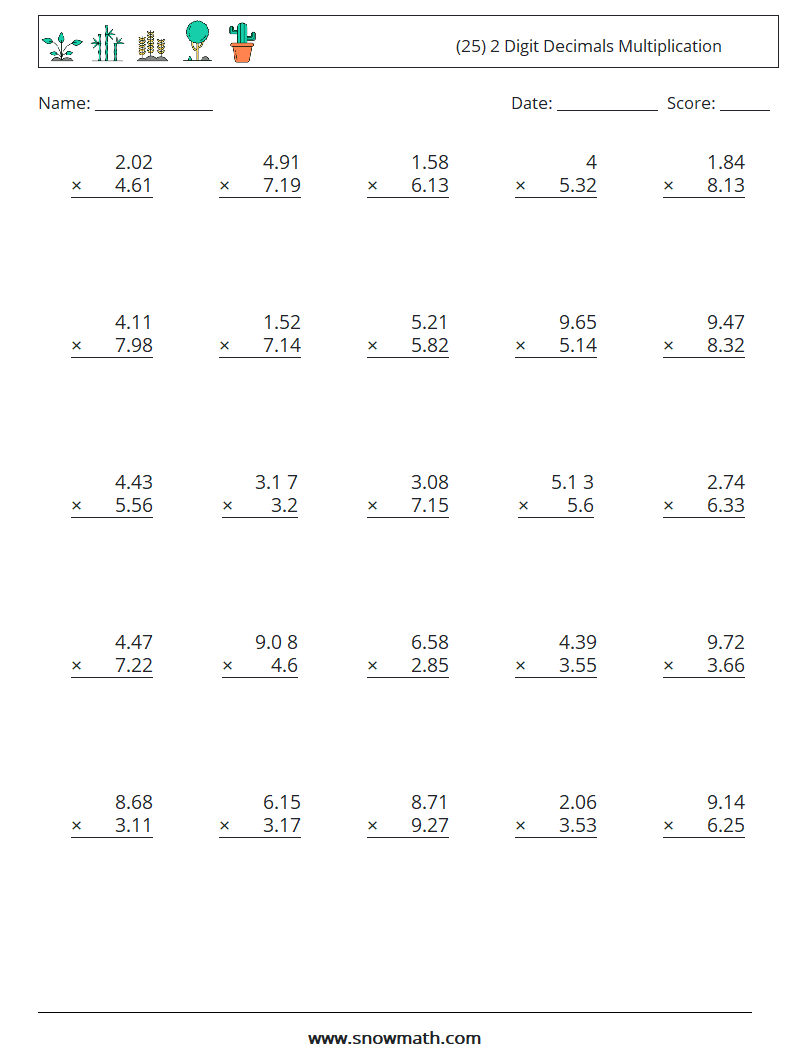 (25) 2 Digit Decimals Multiplication Math Worksheets 11