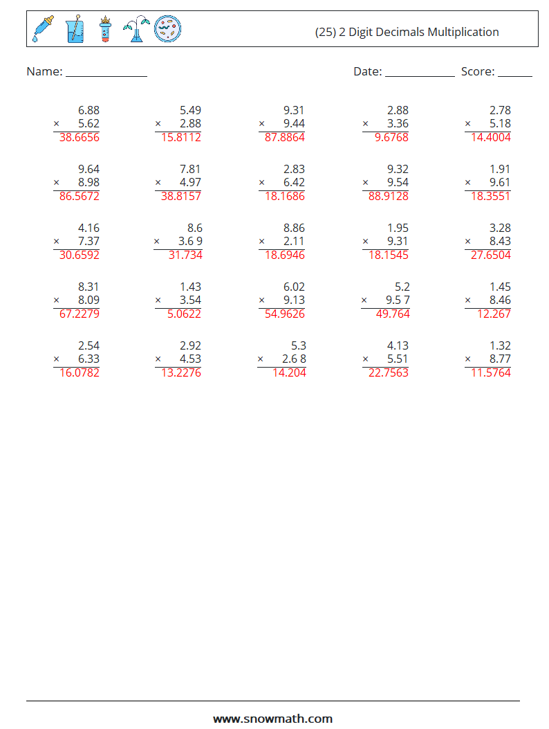 (25) 2 Digit Decimals Multiplication Math Worksheets 14 Question, Answer