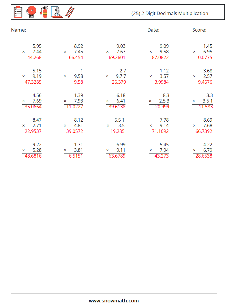 (25) 2 Digit Decimals Multiplication Math Worksheets 15 Question, Answer