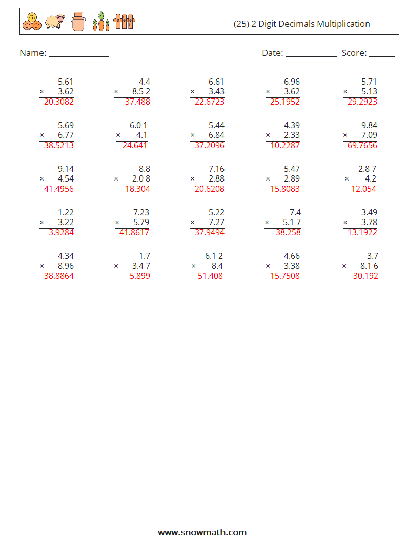 (25) 2 Digit Decimals Multiplication Math Worksheets 17 Question, Answer